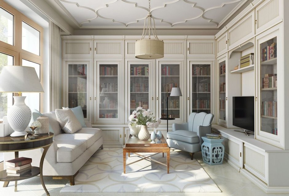 Белая гостиная в классическом стиле