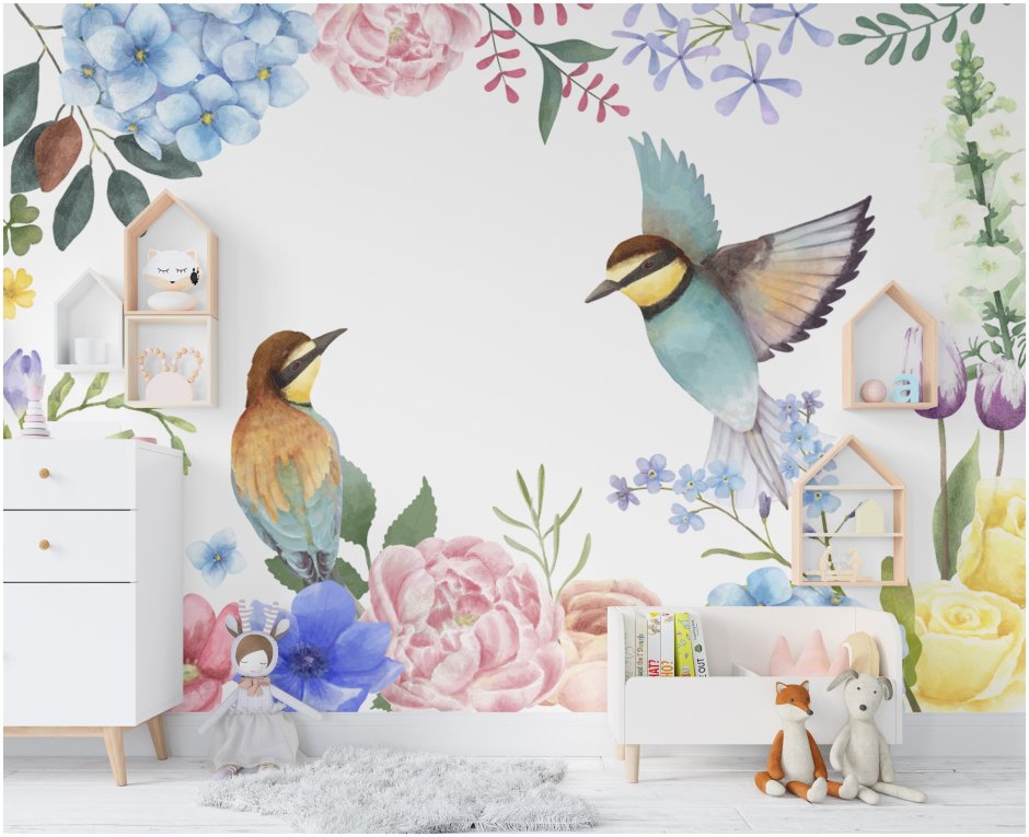 Фреска цветы и птицы