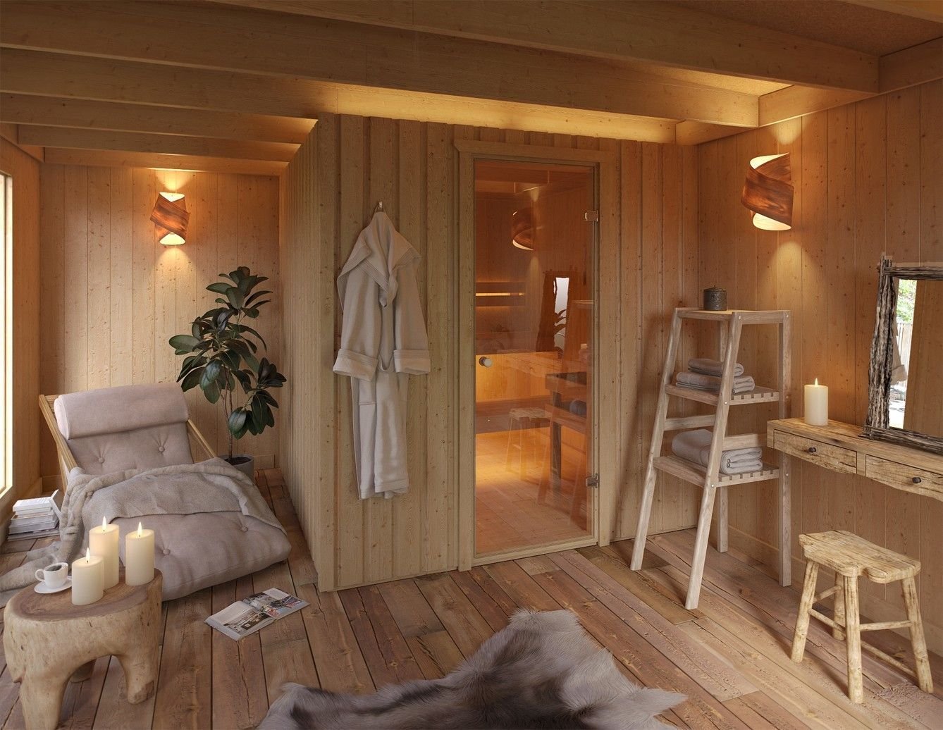 комната отдыха в бане в современном стиле в светлых тонах