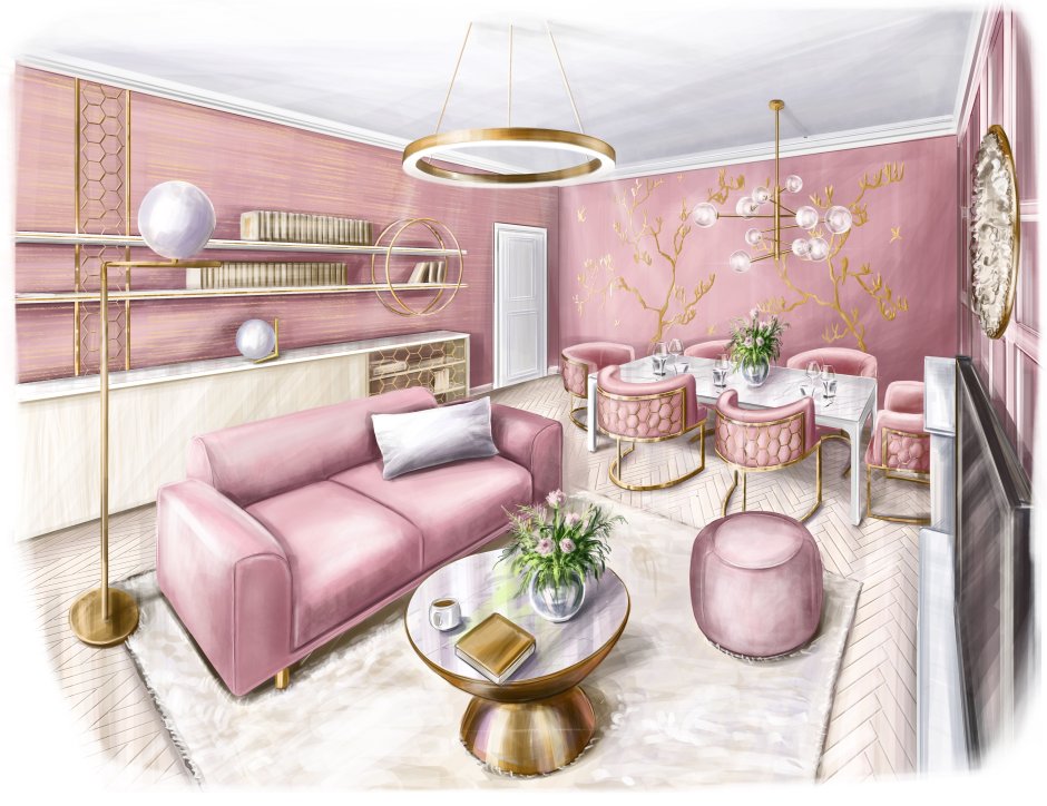 3d Interior illustration Pink White