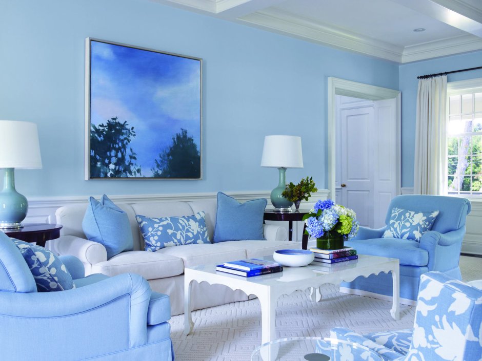 White and Light Blue Living Room
