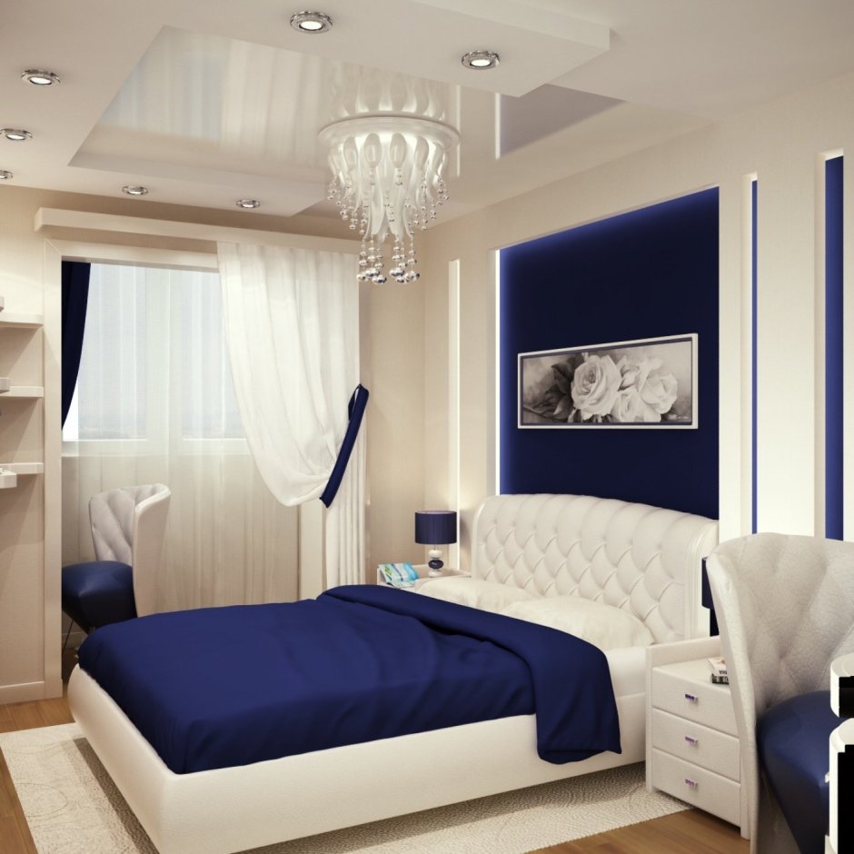 Сине белая спальня