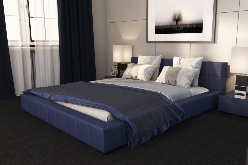 Кровать Аскона синяя бархатная