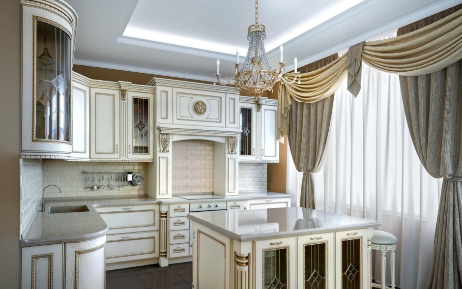 Кухня классика белая с золотой патиной