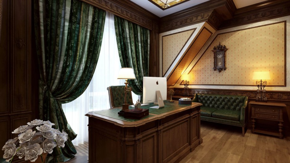 Классический кабинет с зелеными шторами