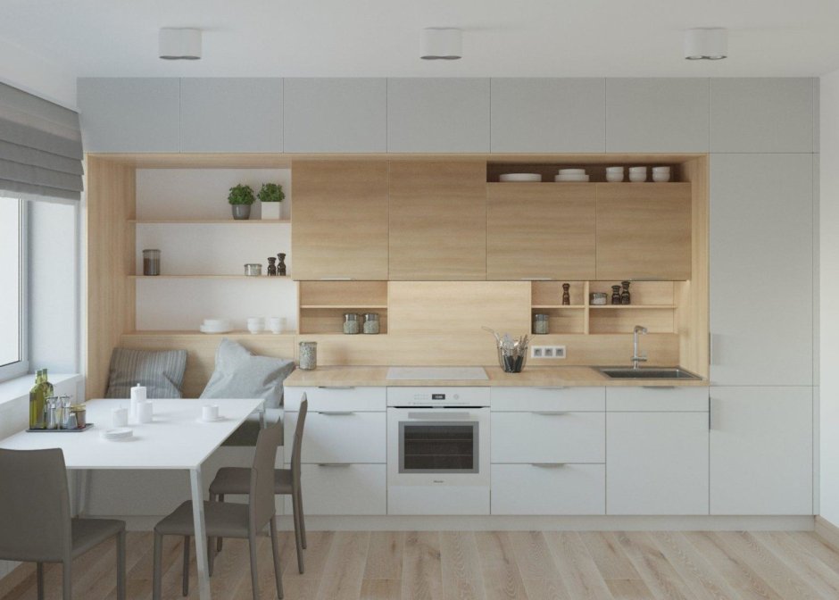 Белая кухня с деревянной столешницей