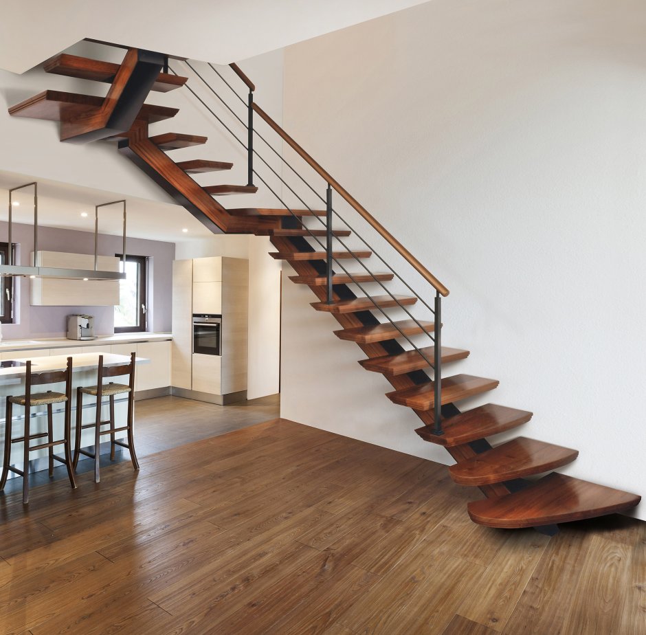 Г-образная деревянная лестница с металлом, ДЛС-016