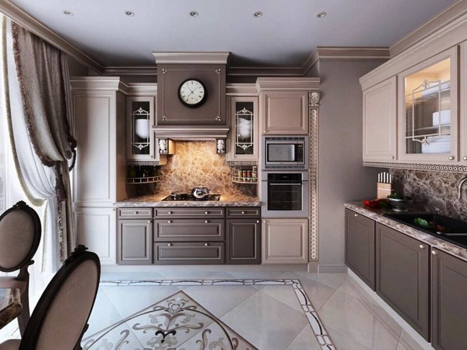 Кухонный гарнитур в интерьере с потолочным карнизом