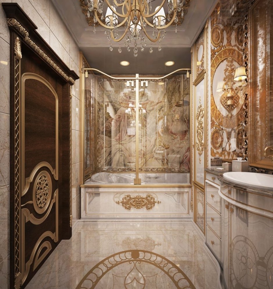 Золотистая мозаика в ванной