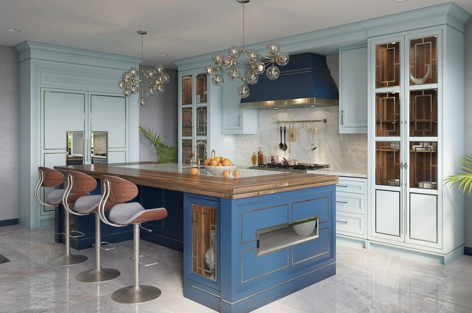 Голубая кухня в классическом стиле