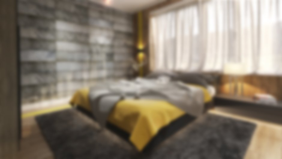Стильная серо жёлтая спальня