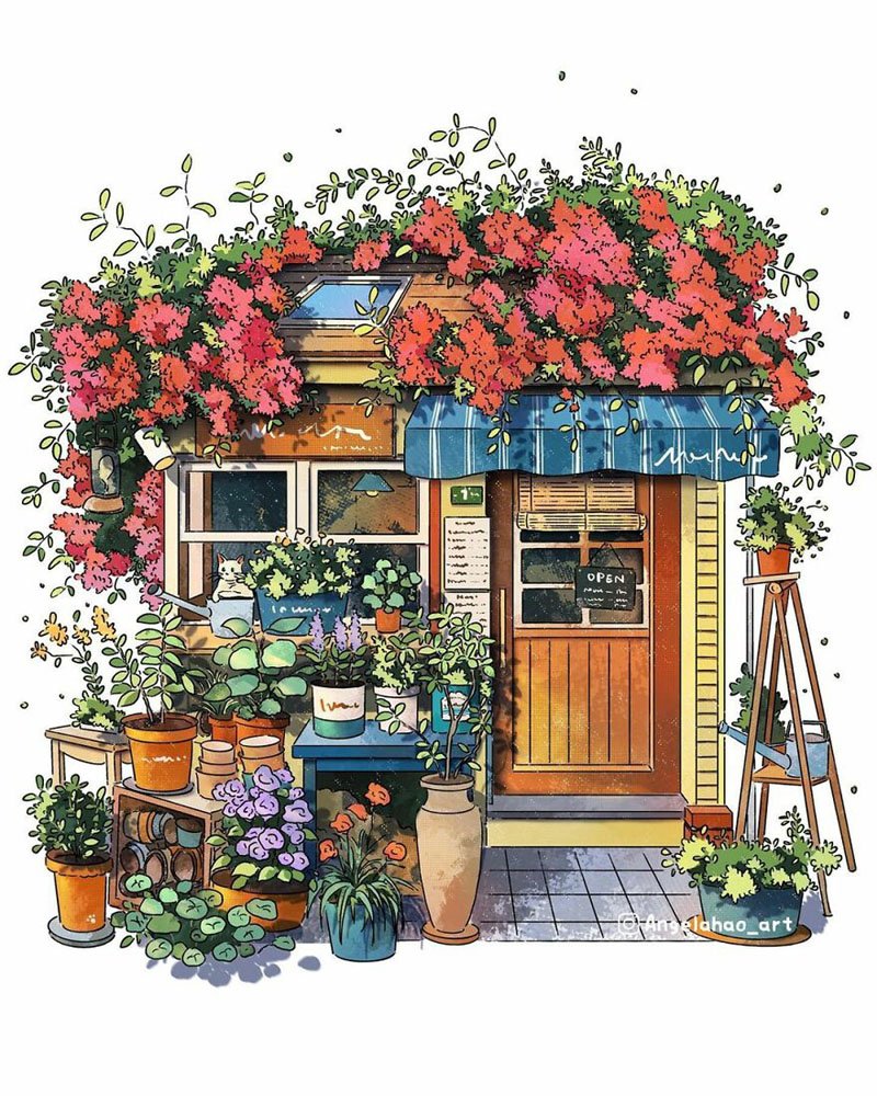 Рисунок здания с растениями