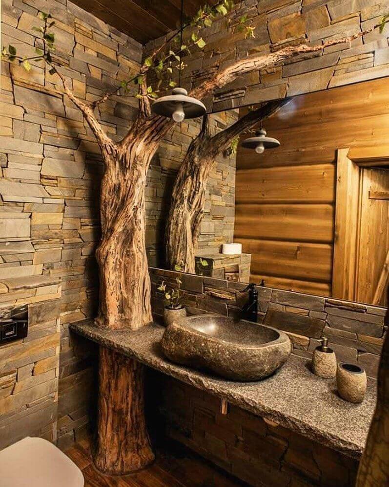 Ванная в стиле камень и дерево