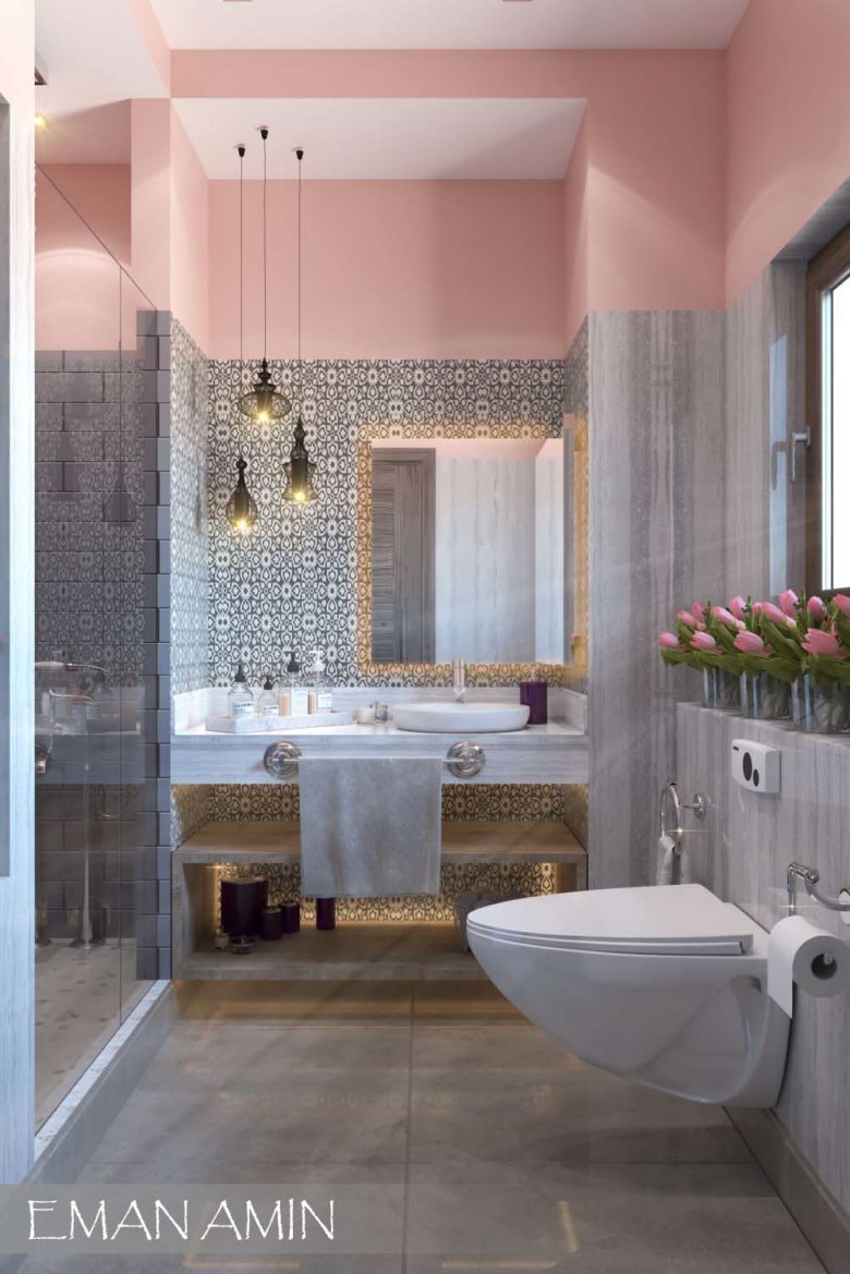 Серо-розовая ванная комната