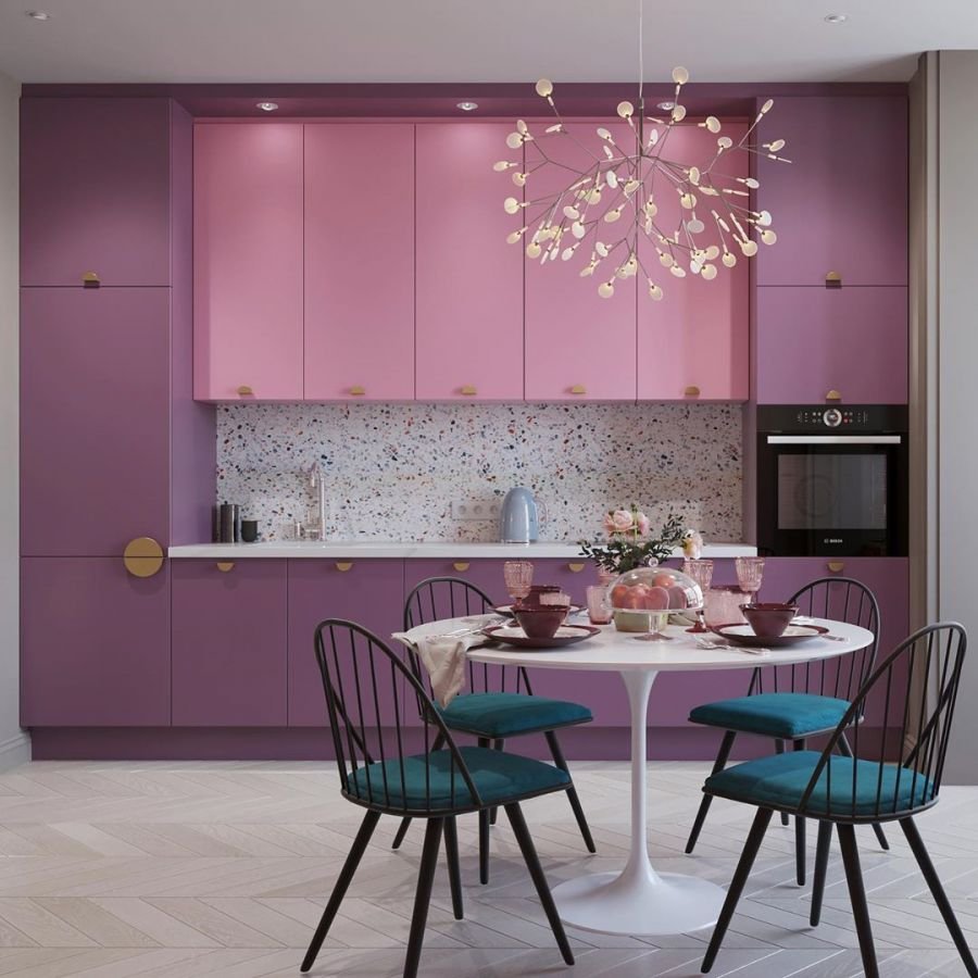 Розовый кухонный гарнитур в интерьере