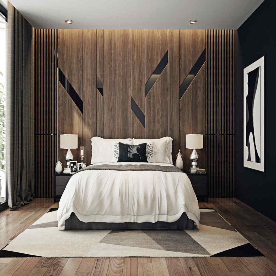 Спальная с деревянными панелями