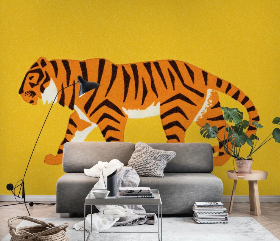Обои тигр и жёлтый диван