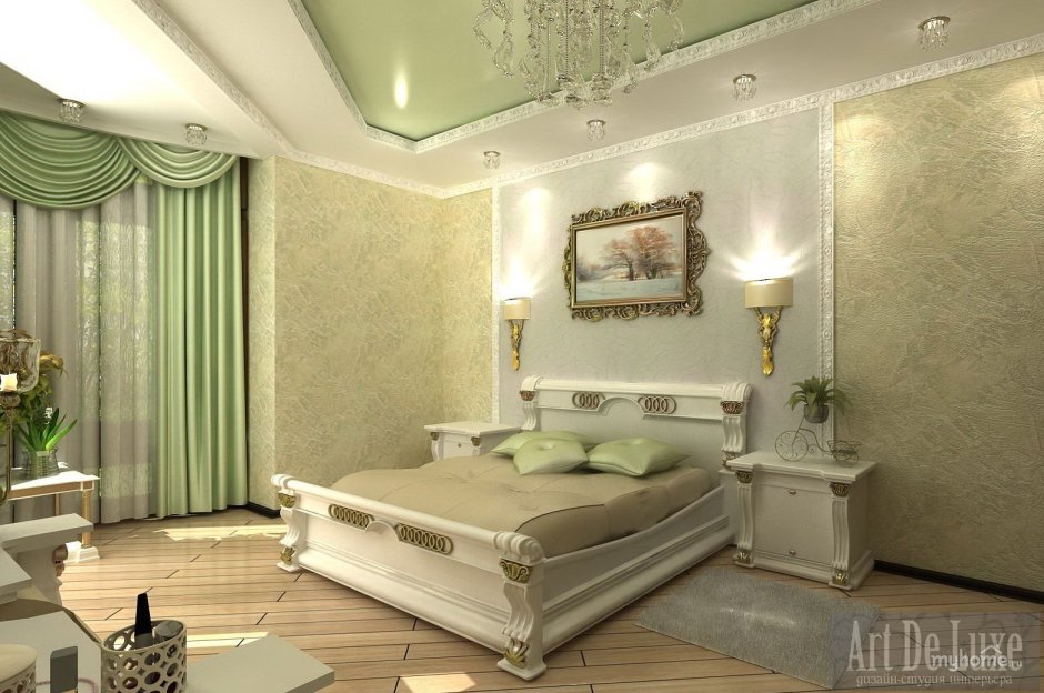 Спальня зеленая с золотом