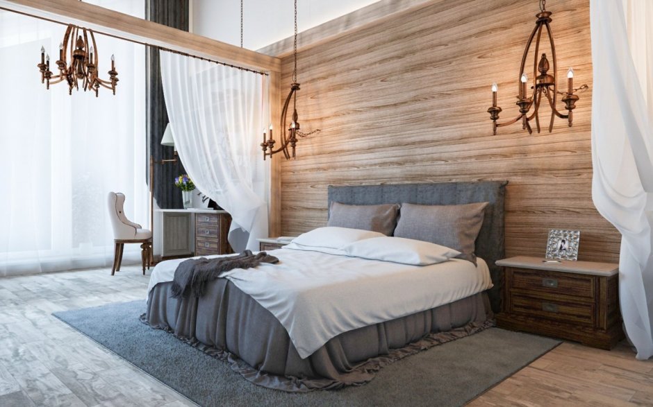 Белая спальня с элементами дерева