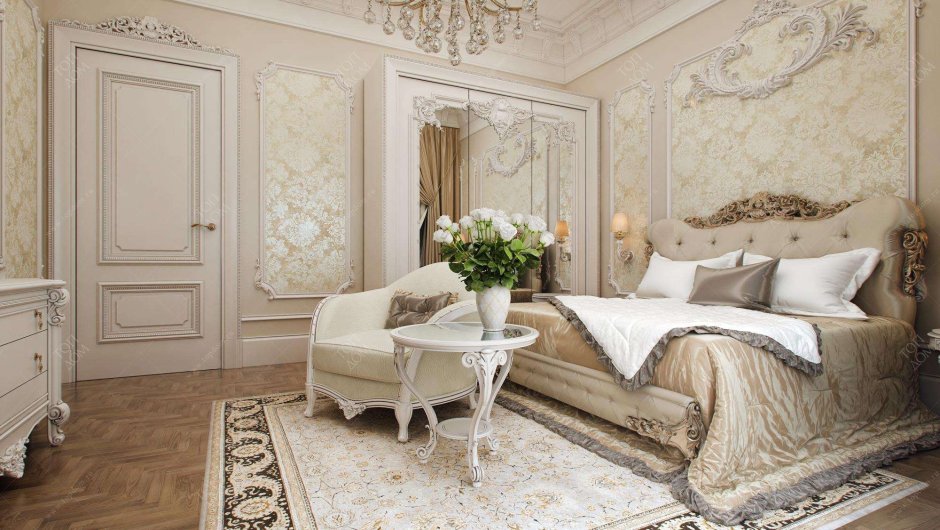 Интерьер спальни в классическом стиле в светлых тонах