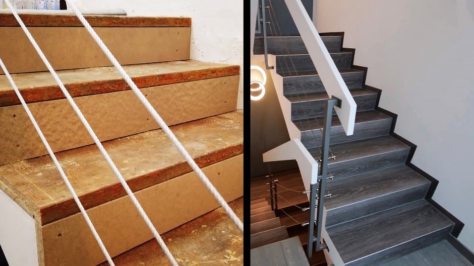 Отделка лестницы виниловой плиткой