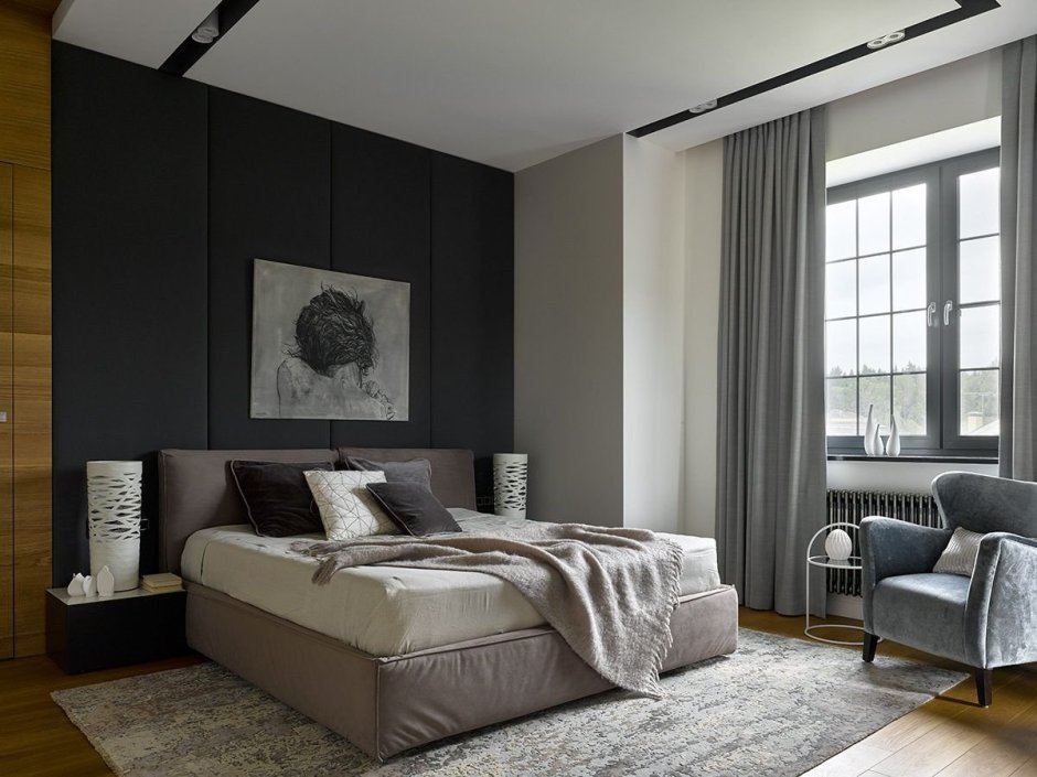Интерьер спальни в современном стиле в серых тонах