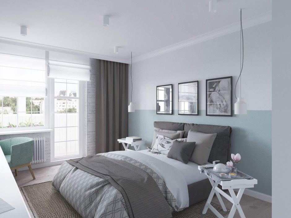 Интерьер спальни в скандинавском стиле мятного цвета