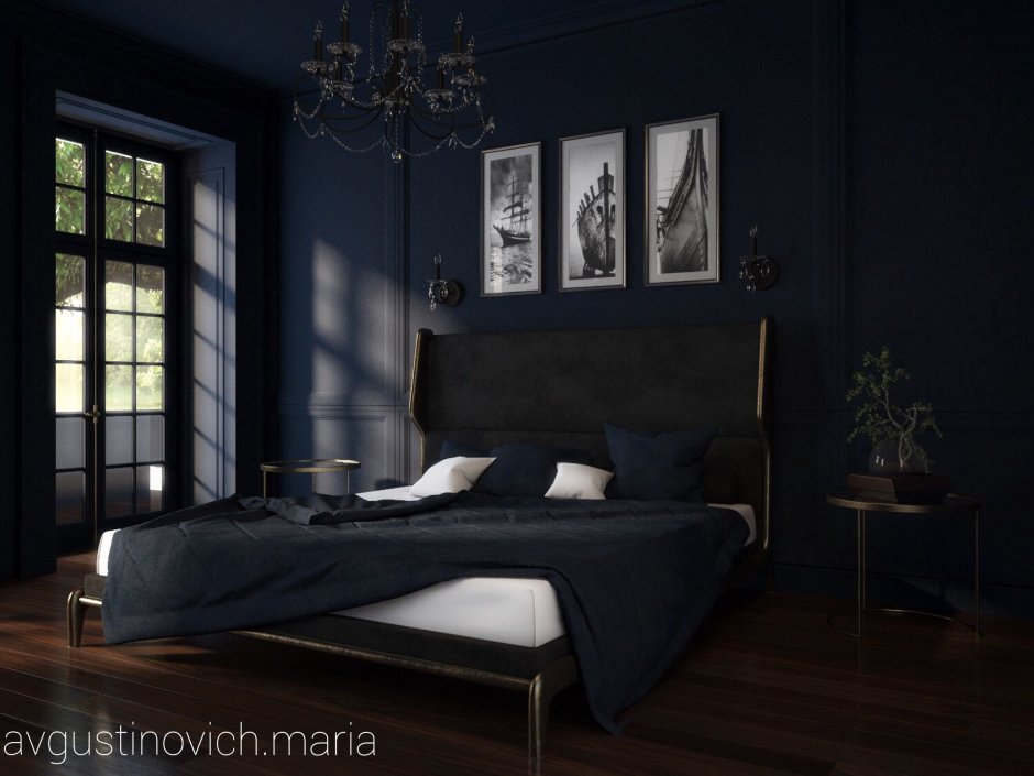 Спальня с синими стенами и черной мебелью