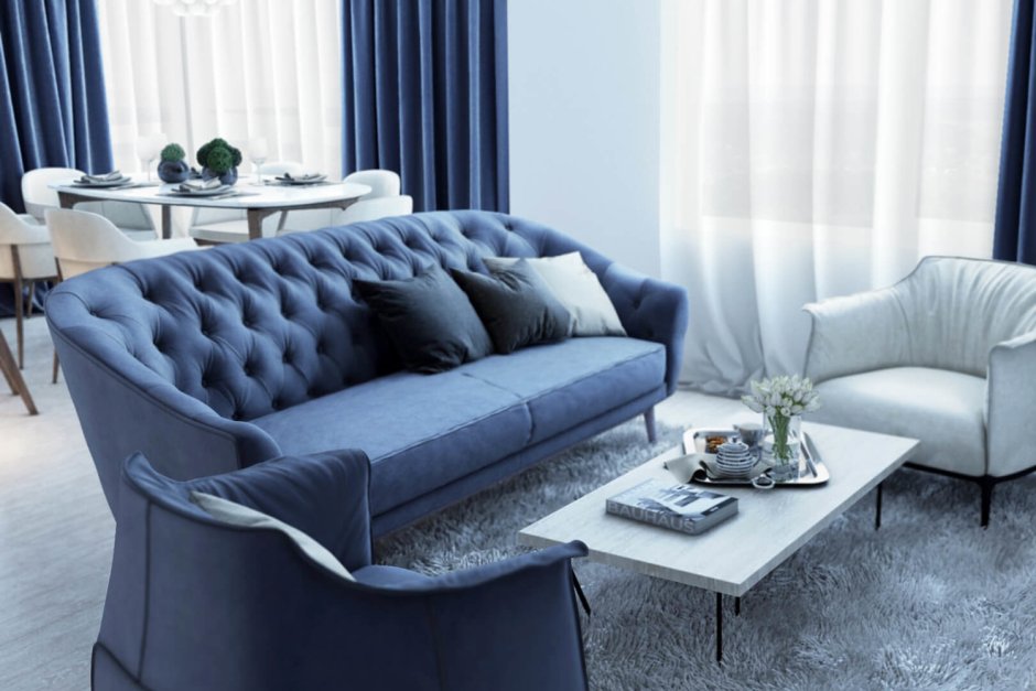 Шторы к синему дивану в интерьере
