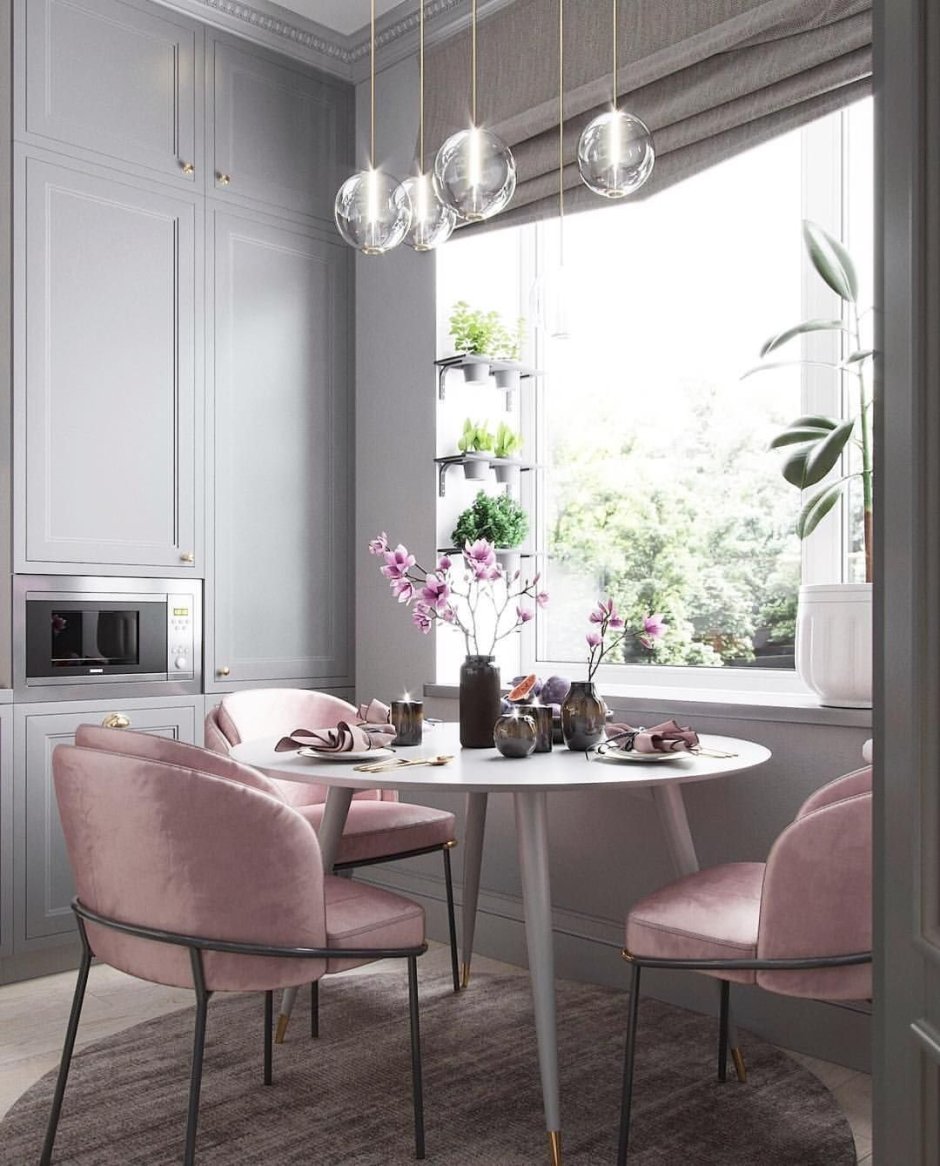 Серый с розовым в интерьере кухни