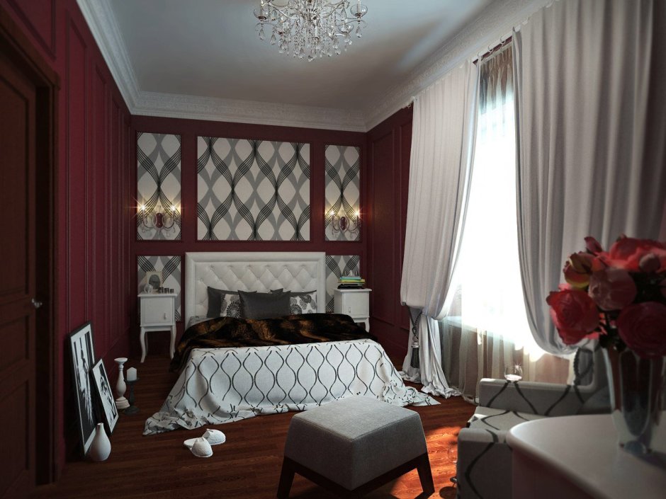 Спальня в бело бордовом цвете