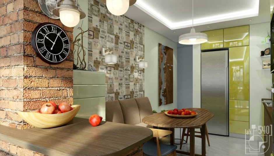 Акцентная стена на кухне под кирпич