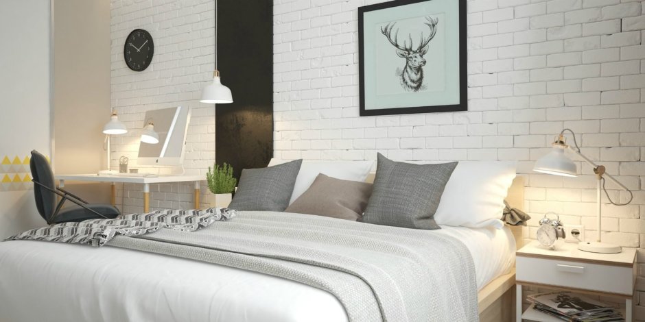 Спальня в скандинавском стиле с белым кирпичом