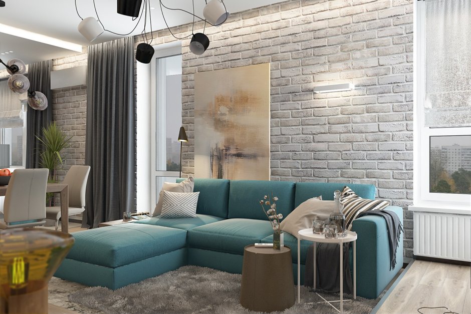 Кирпич и бирюза в интерьере