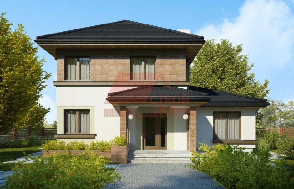 Двухэтажный дом с четырехскатной крышей