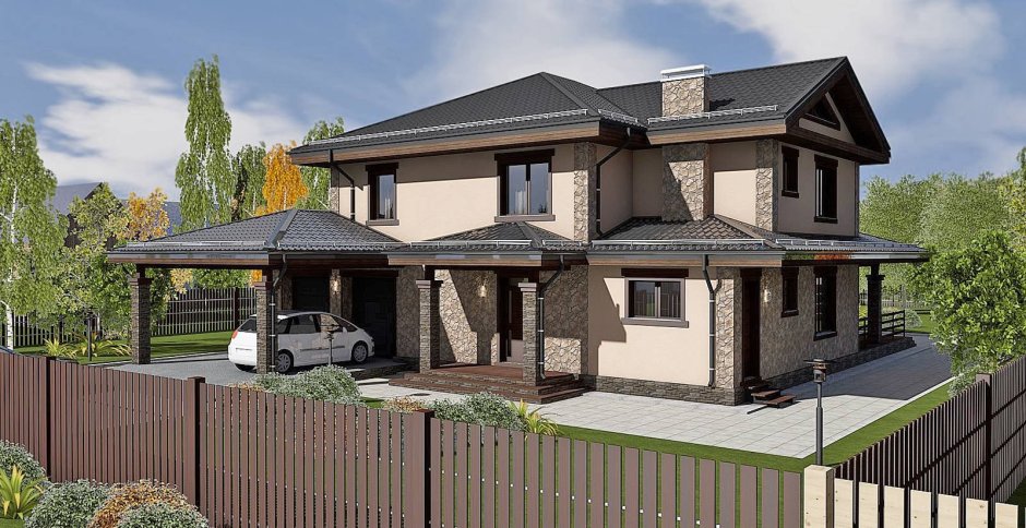 Двухэтажный дом с гаражом и террасой