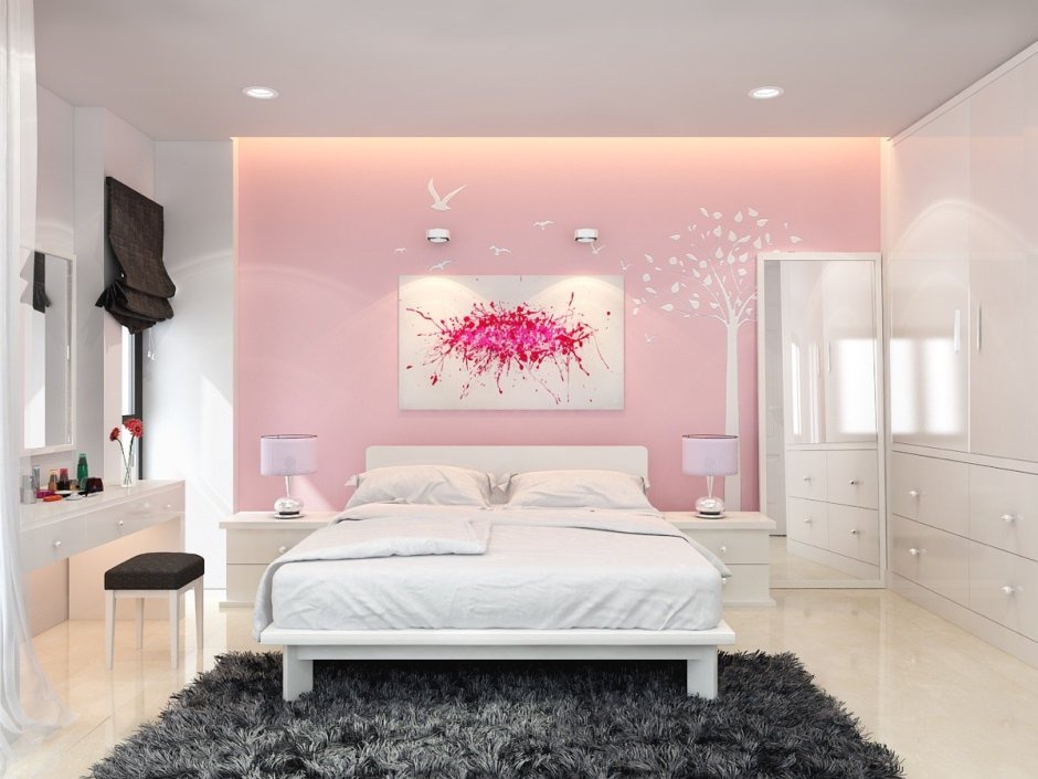 Розовый интерьер спальни современный стиль