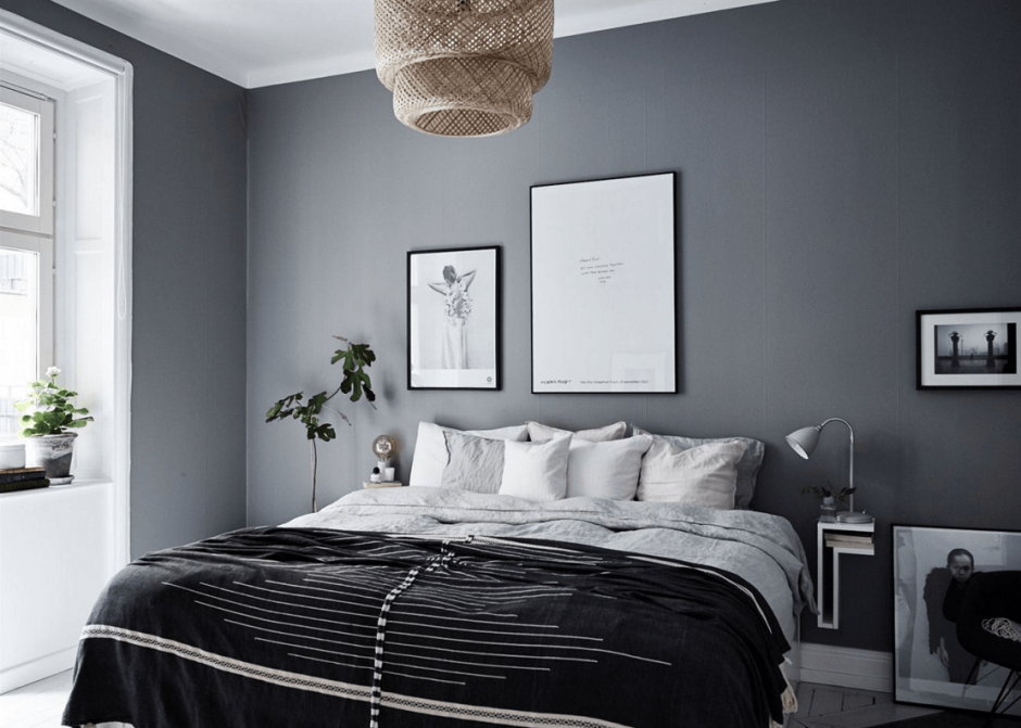 Серые стены в спальне