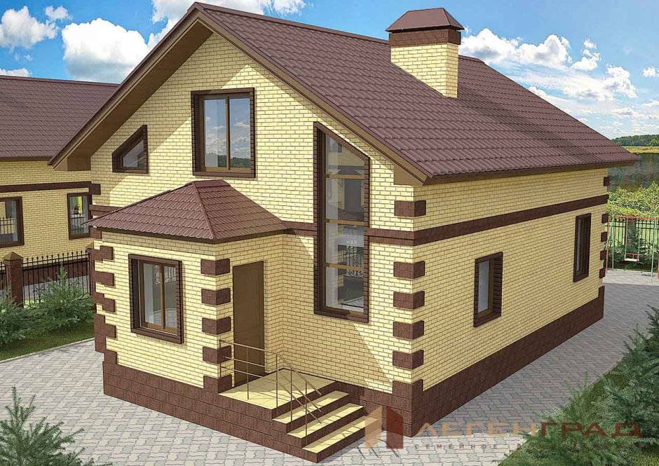 Полутораэтажный дом из кирпича с верандой