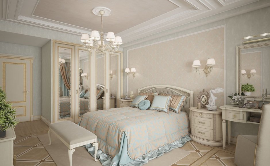 Интерьер спальни в неоклассическом стиле в светлых тонах
