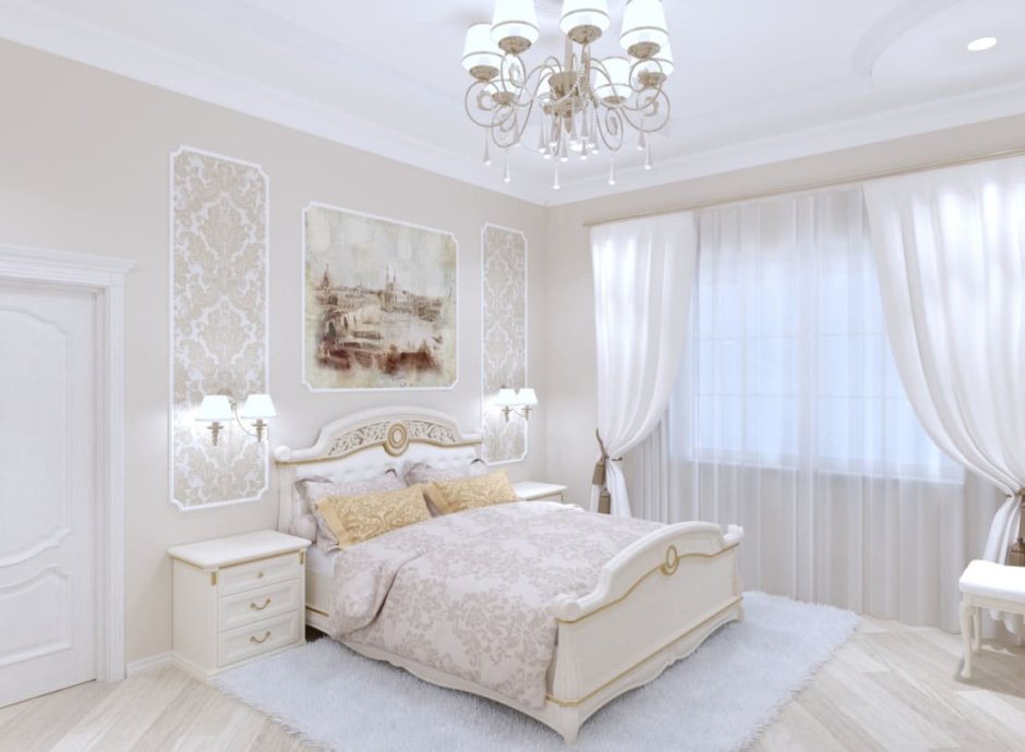 Интерьер спальни в классическом стиле в светлых тонах