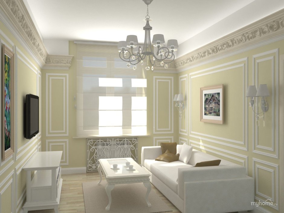 Интерьер гостиной с молдингами и лепниной