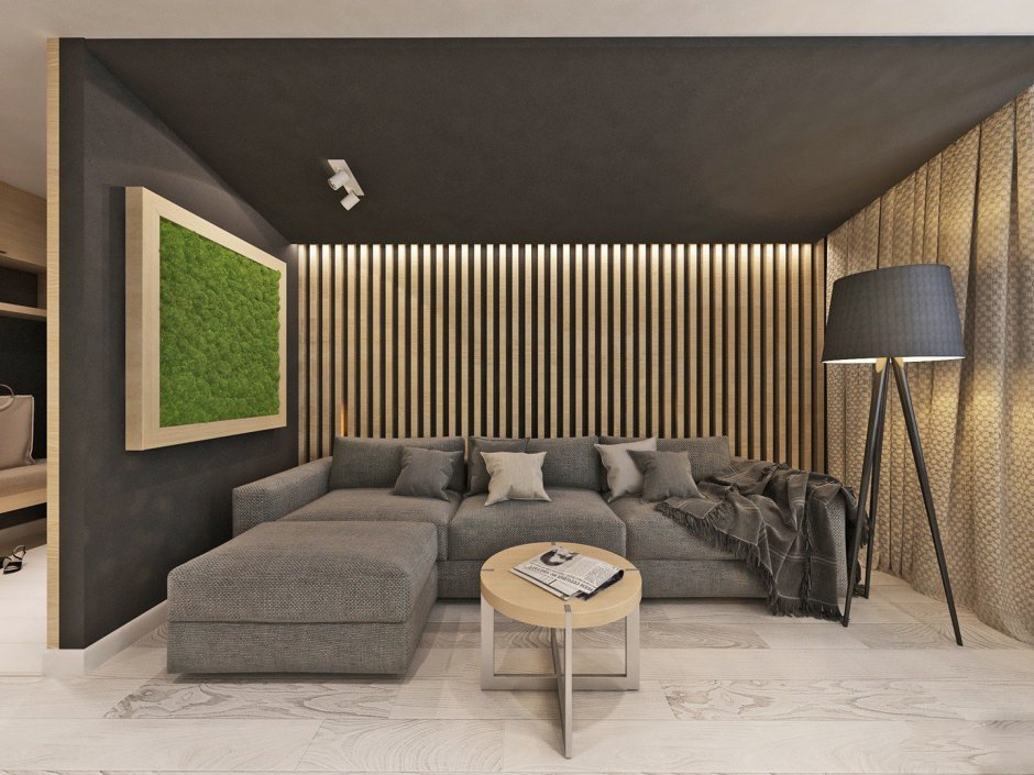 Гостиная с деревянными рейками