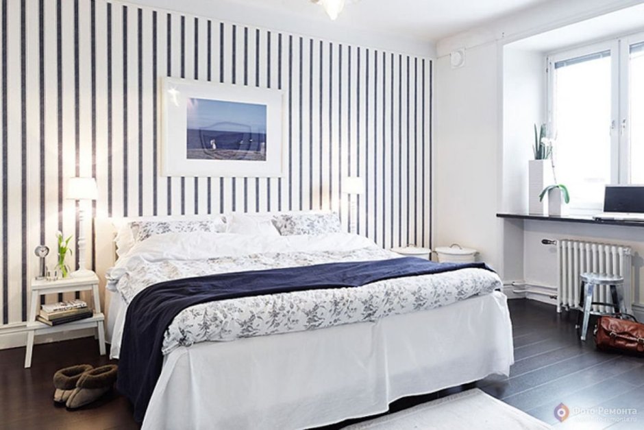 Спальня в скандинавском стиле с рейками