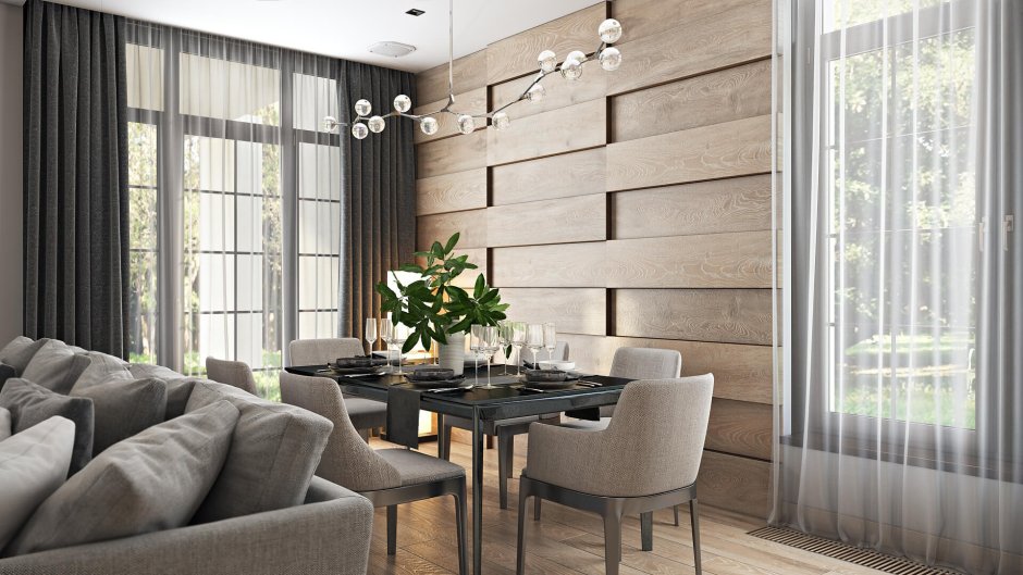 Деревянные стеновые панели в обеденной зоне