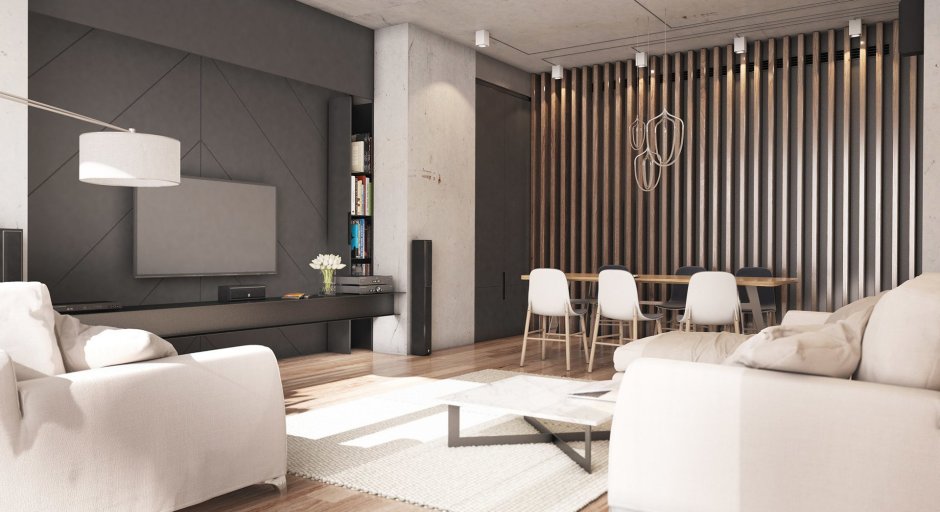 Гостиная с деревянными рейками на стене