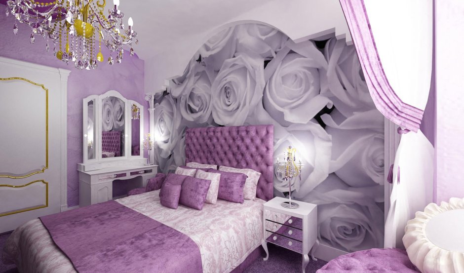 Спальня в розово сиреневых тонах
