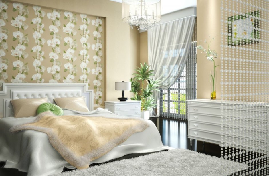 Обои с орхидеями для стен в интерьере спальни