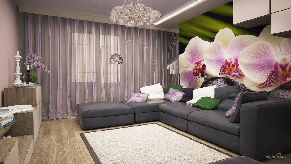 Интерьер зала в квартире с орхидеями