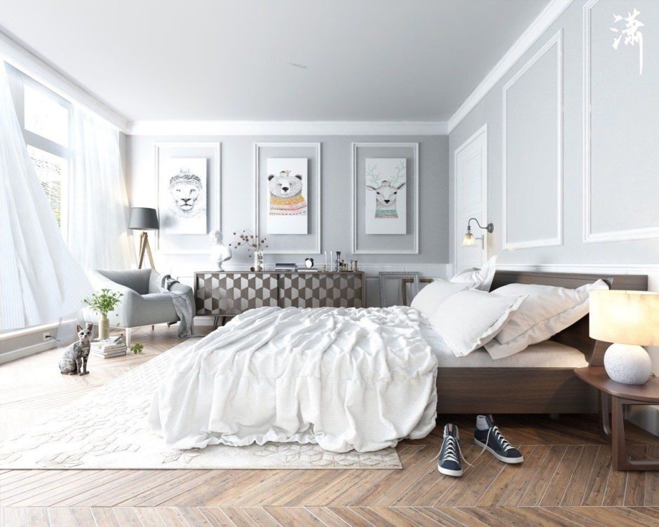 Спальня в скандинавском стиле в белом цвете
